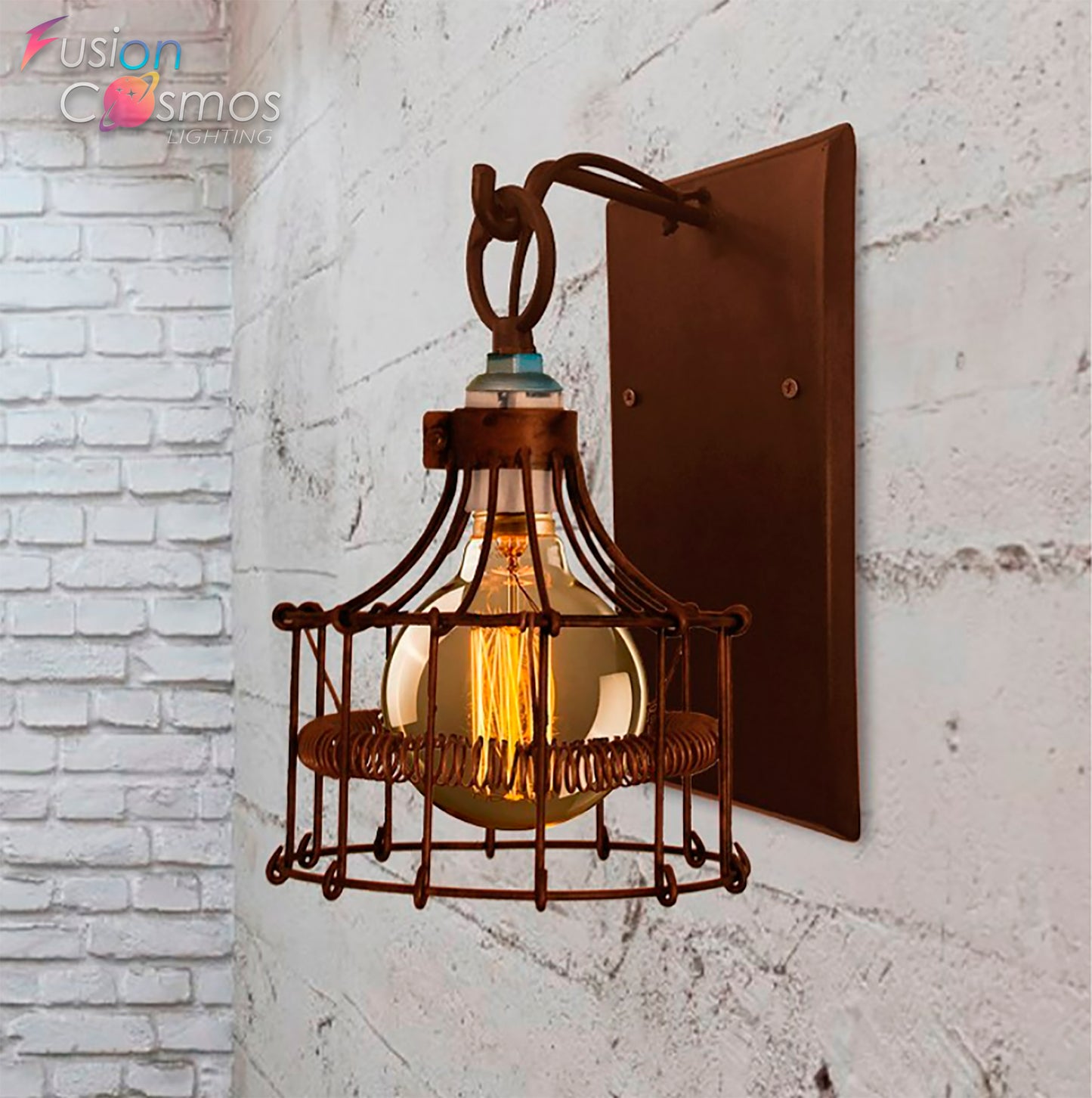 Antique Handmade Wire Cage Wall Light Rust Color - Rustic Farmhouse Vintage Design - Iron Indoor Industrial Lighting Sconce Lamp Barn Living