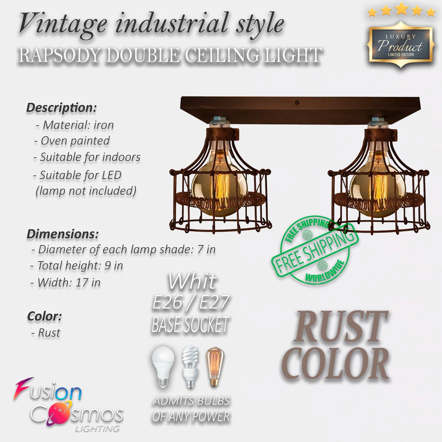 Double Vintage Wire Cage Industrial Ceiling Light Antique - Rust Color Lamp Metal - Country & Farmhouse Hanging Barn Edison Bar Lighting Led