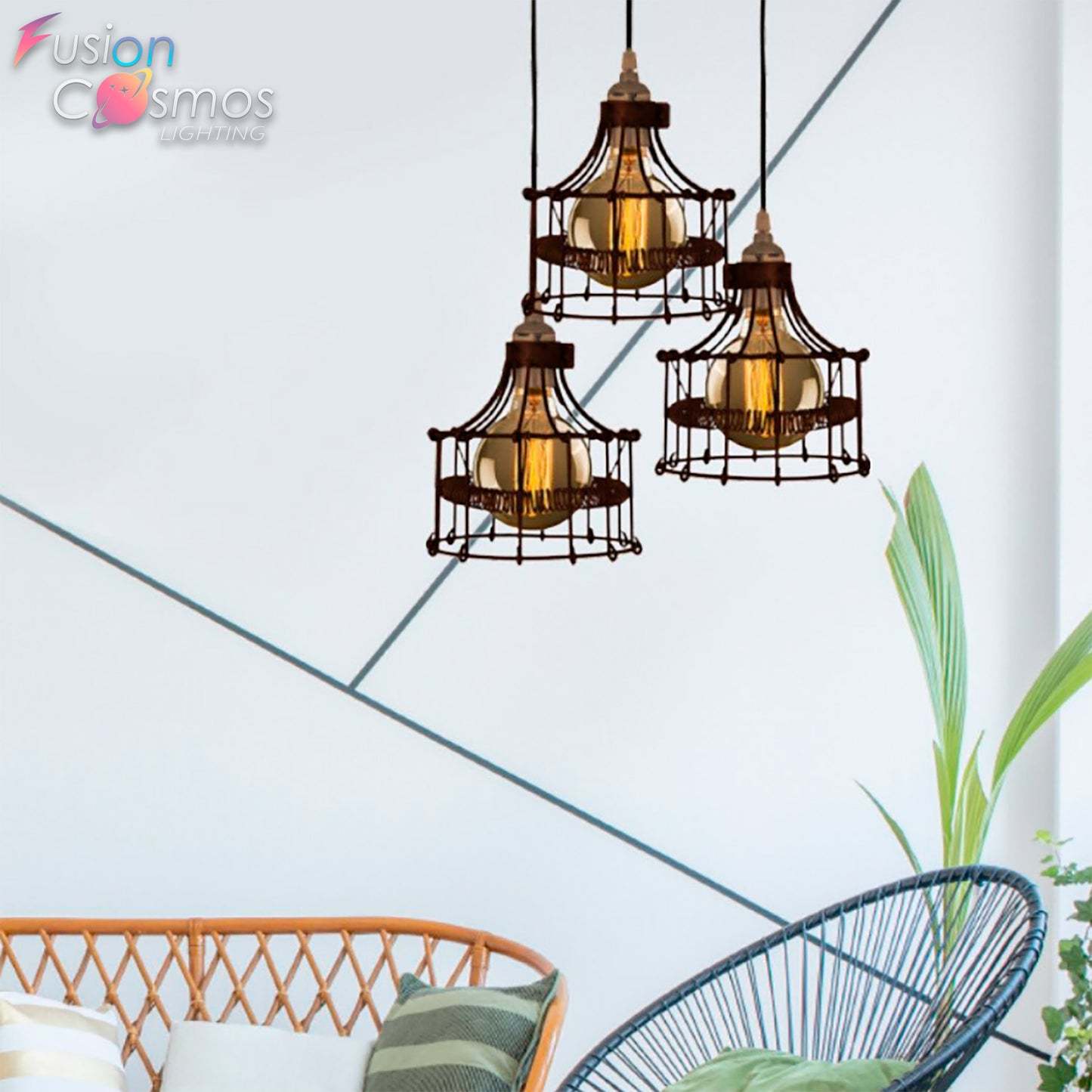 Antique Wire Cage Pendant Light Vintage Industrial Style - Adjustable Height - Iron Rust Color Lamp Country & Farmhouse Barn Hanging Ceiling