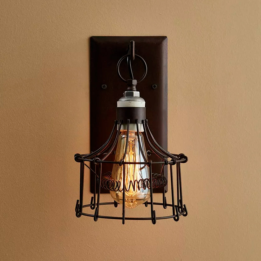 Antique Handmade Wire Cage Wall Light Rust Color - Rustic Farmhouse Vintage Design - Iron Indoor Industrial Lighting Sconce Lamp Barn Living