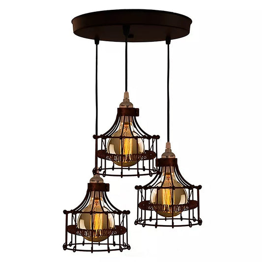 Antique Wire Cage Pendant Light Vintage Industrial Style - Adjustable Height - Iron Rust Color Lamp Country & Farmhouse Barn Hanging Ceiling