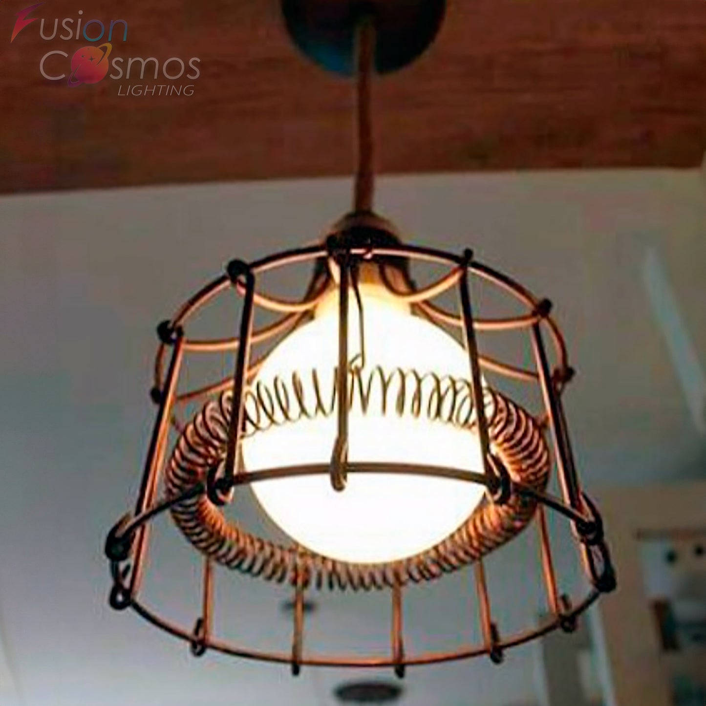 Antique Wire Cage Industrial Pendant Light Vintage - Rust Color Ceiling Lamp Adjustable Height - Country & Farmhouse Barn Hanging Lighting