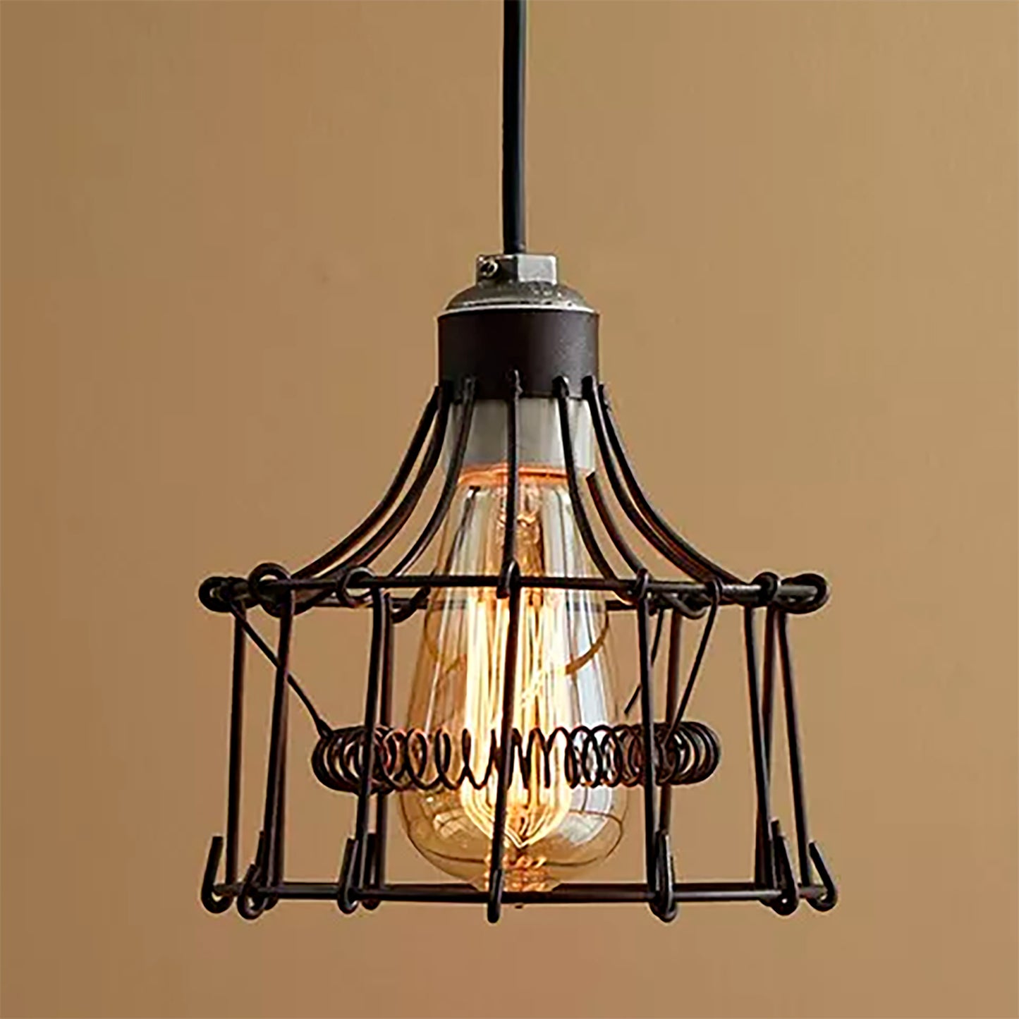 Antique Wire Cage Industrial Pendant Light Vintage - Rust Color Ceiling Lamp Adjustable Height - Country & Farmhouse Barn Hanging Lighting